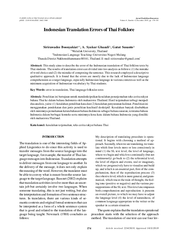(PDF) Translation Error of Thai Folktales into Indonesian Language by ...