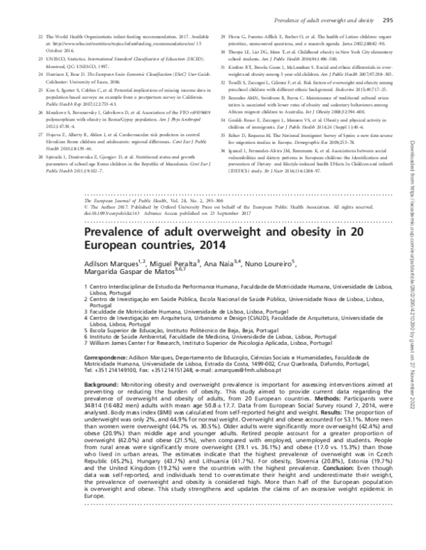(PDF) Prevalence of adult overweight and obesity in 20 European ...