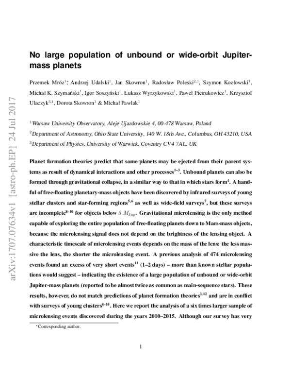 (PDF) No large population of unbound or wide-orbit Jupiter-mass planets