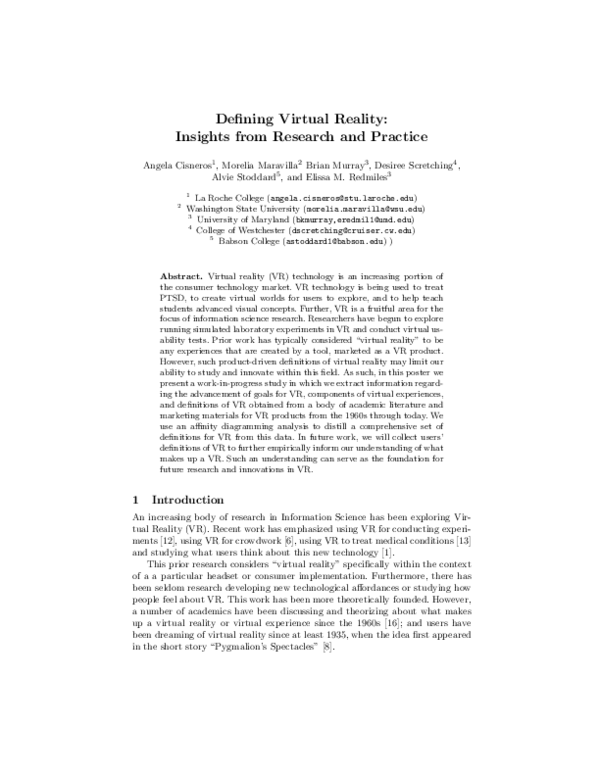 (PDF) Defining virtual reality Insights from research and practice