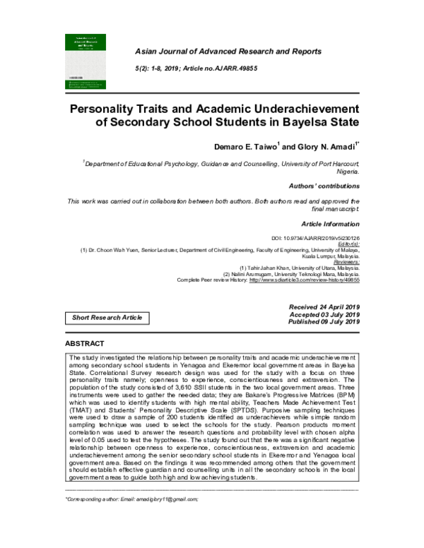 (PDF) Personality Traits and Academic Underachievement of Secondary ...