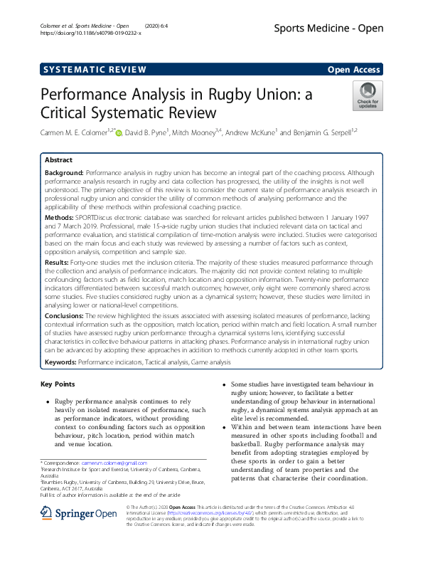 (PDF) Performance Analysis in Rugby Union: a Critical Systematic Review