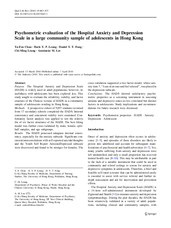 (PDF) Psychometric evaluation of the Hospital Anxiety and Depression ...