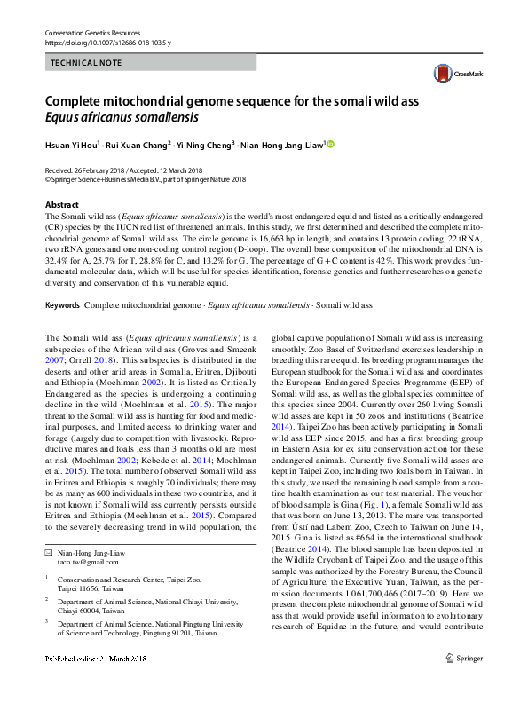 (PDF) Complete mitochondrial genome sequence for the somali wild ass ...