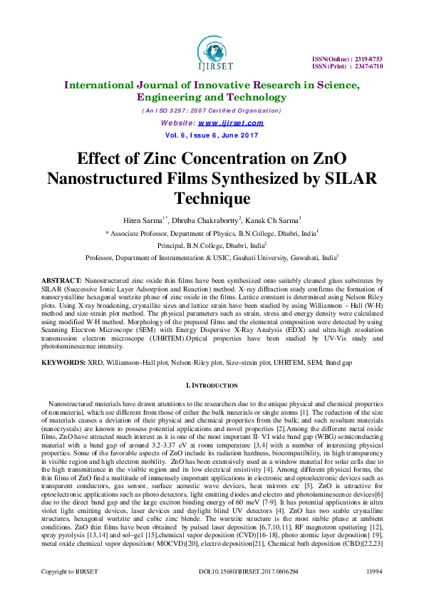 (PDF) Effect of Zinc Concentration on ZnO Nanostructured Films ...