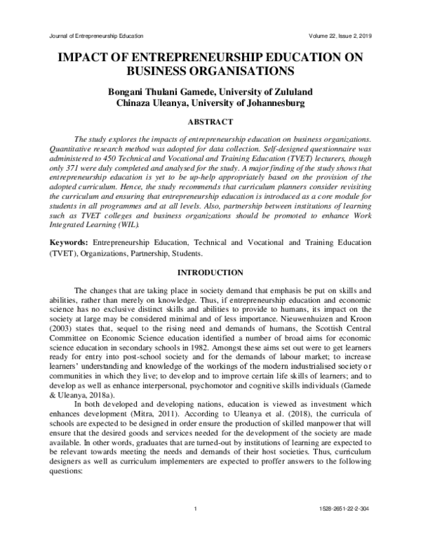 (PDF) Impact of Entrepreneurship Education on Business Organisations