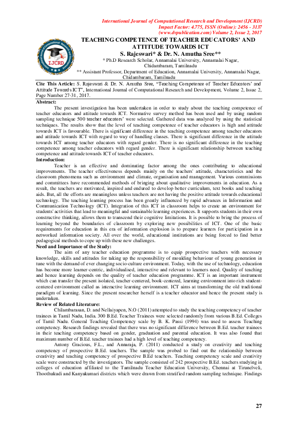 (PDF) Teaching Competence Of Teacher Educators' And Attitude Towards Ict
