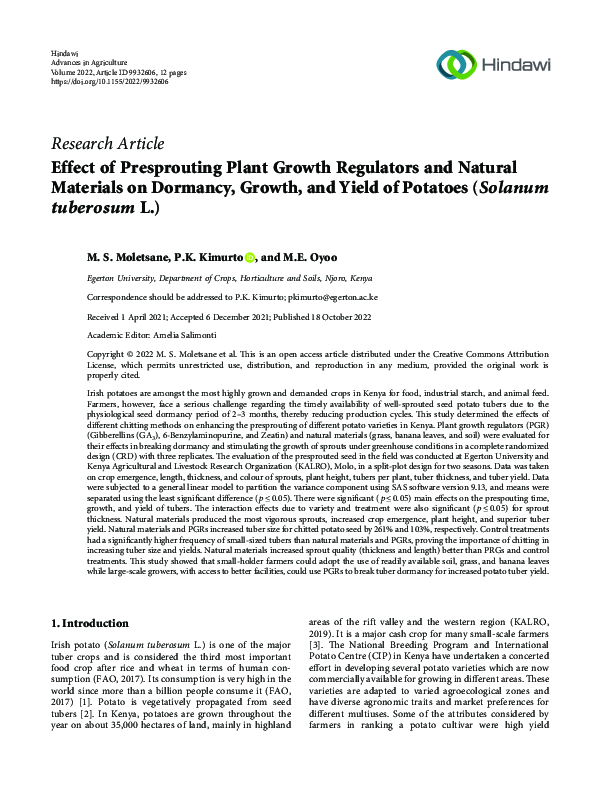 (PDF) Effect of Presprouting Plant Growth Regulators and Natural ...