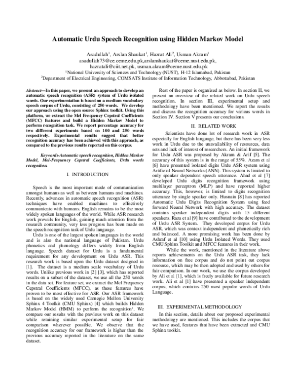 (PDF) Automatic Urdu Speech Recognition using Hidden Markov Model