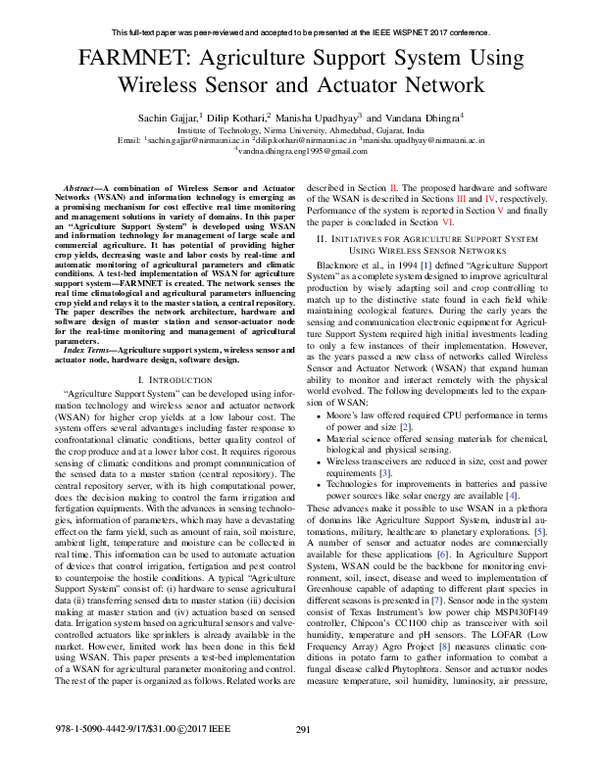 (PDF) FARMNET: Agriculture support system using Wireless Sensor and ...