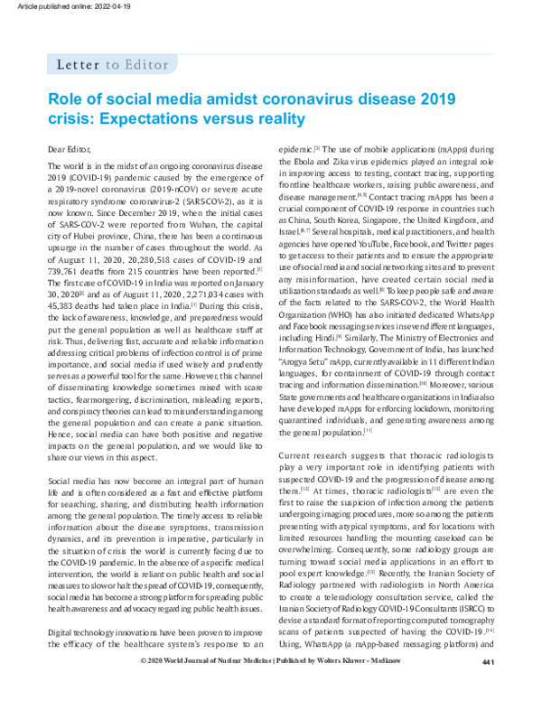 (PDF) Role of social media amidst coronavirus disease 2019 crisis ...