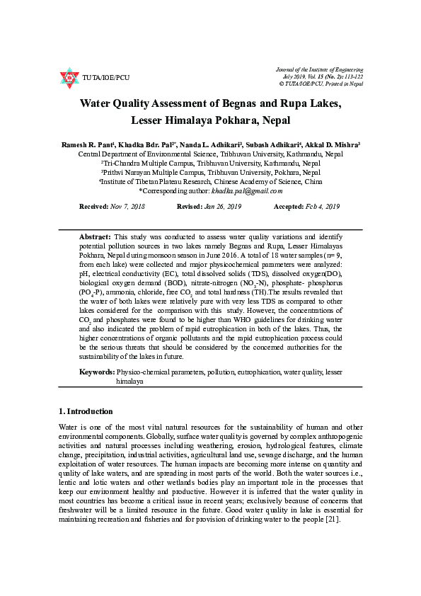 (PDF) Water Quality Assessment of Begnas and Rupa Lakes, Lesser
