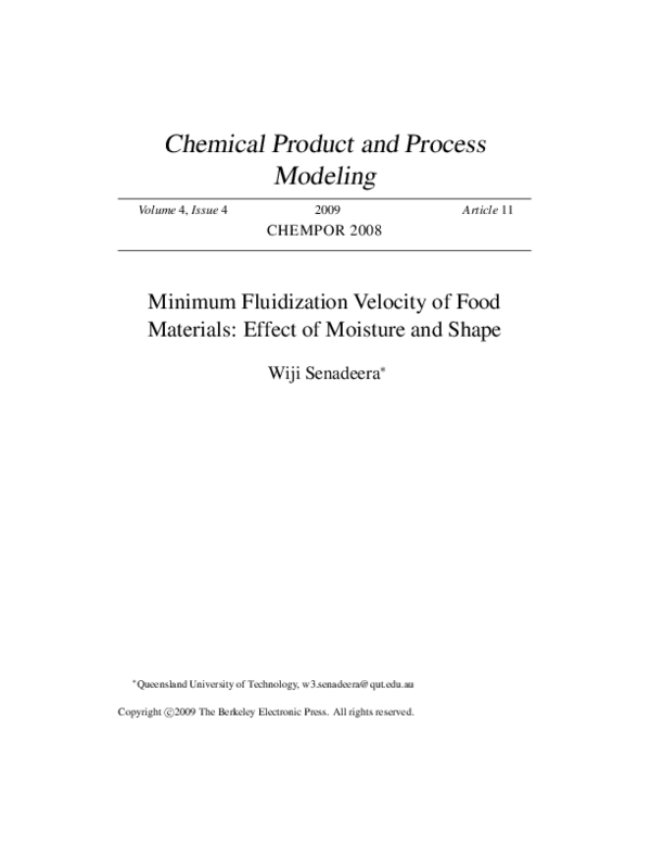 (PDF) Minimum Fluidization Velocity of Food Materials Effect of