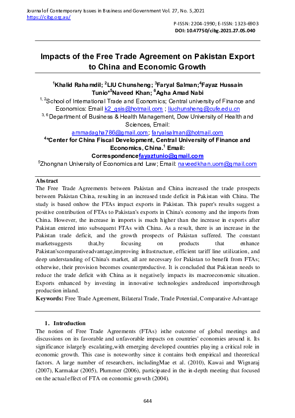 (PDF) Impacts of the Free Trade Agreement on Pakistan Export to China ...