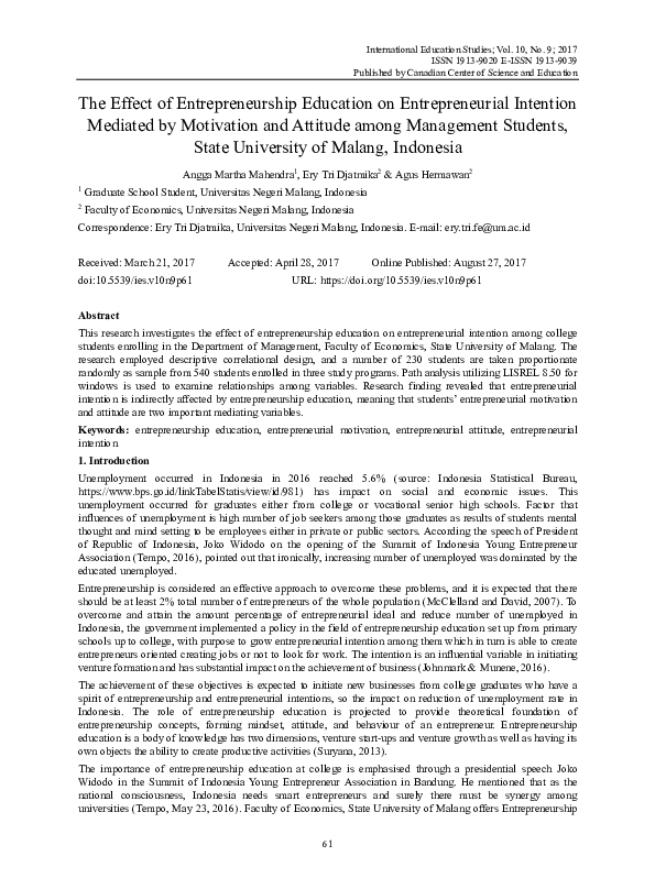 (PDF) The Effect of Entrepreneurship Education on Entrepreneurial ...