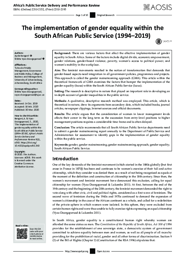 (PDF) The implementation of gender equality within the South African ...