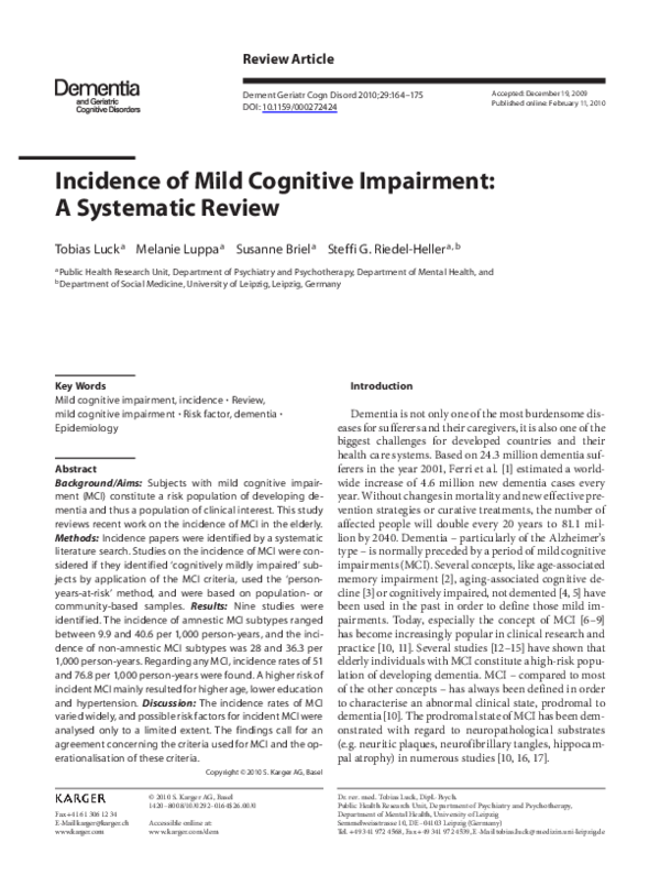 (PDF) Incidence of Mild Cognitive Impairment: A Systematic Review