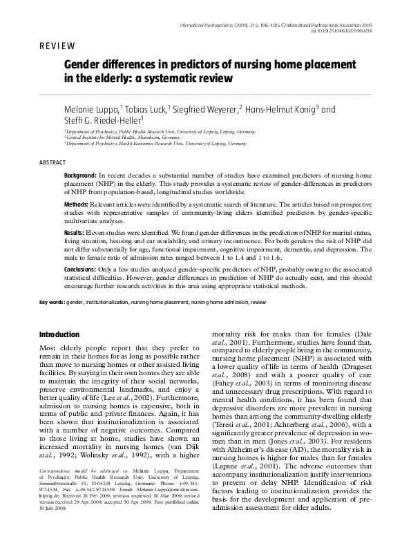 (PDF) Gender differences in predictors of nursing home placement in the ...