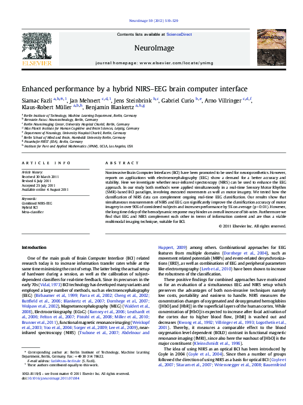 (PDF) Enhanced performance by a hybrid NIRS-EEG brain computer interface