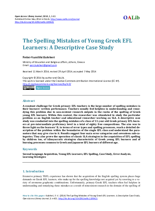 (PDF) The Spelling Mistakes of Young Greek EFL Learners: A Descriptive ...