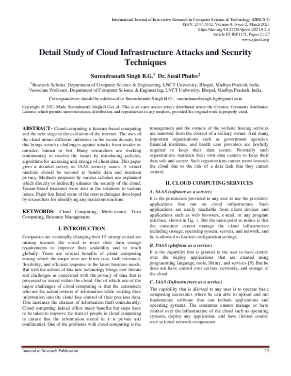 (PDF) Detail Study of Cloud Infrastructure Attacks and Security Techniques