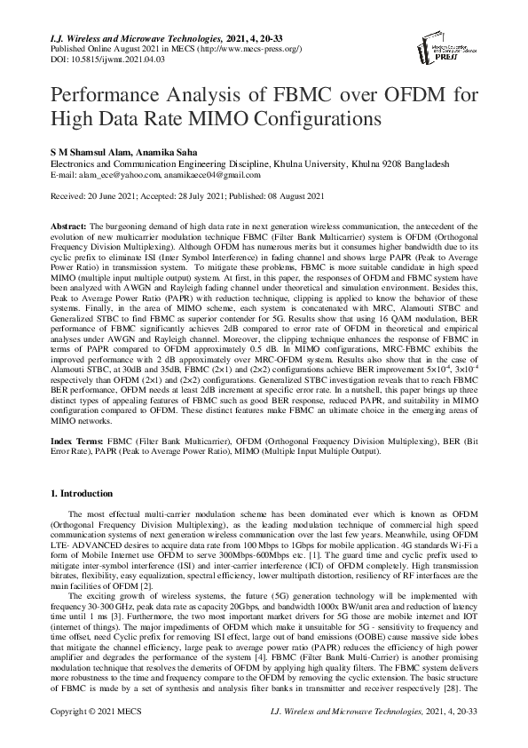 (PDF) Performance Analysis of FBMC over OFDM for High Data Rate MIMO ...