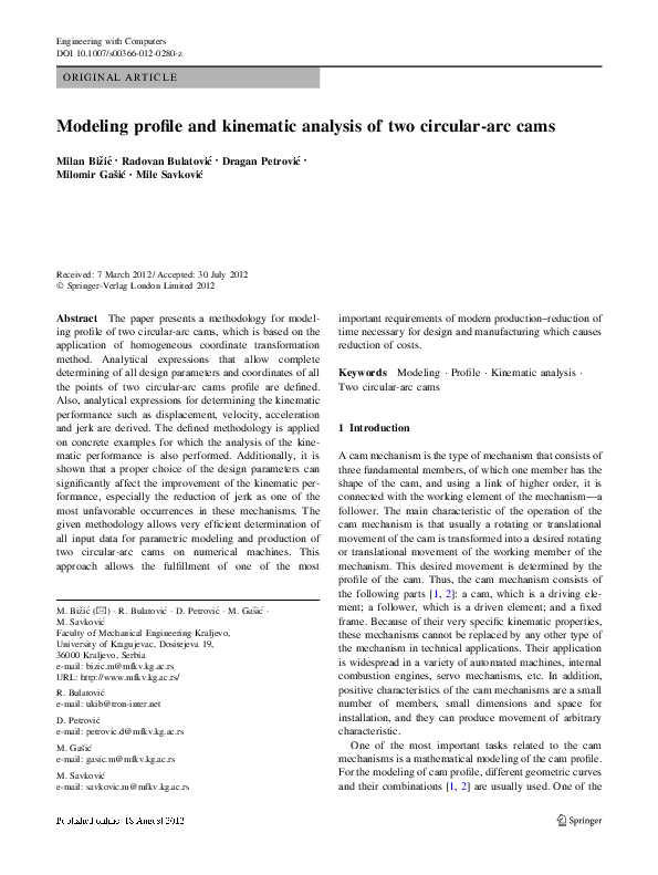 (PDF) Modeling profile and kinematic analysis of two circulararc cams Mile Savkovic