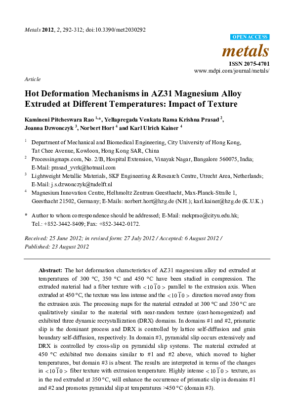 (PDF) Hot Deformation Mechanisms in AZ31 Magnesium Alloy Extruded at ...