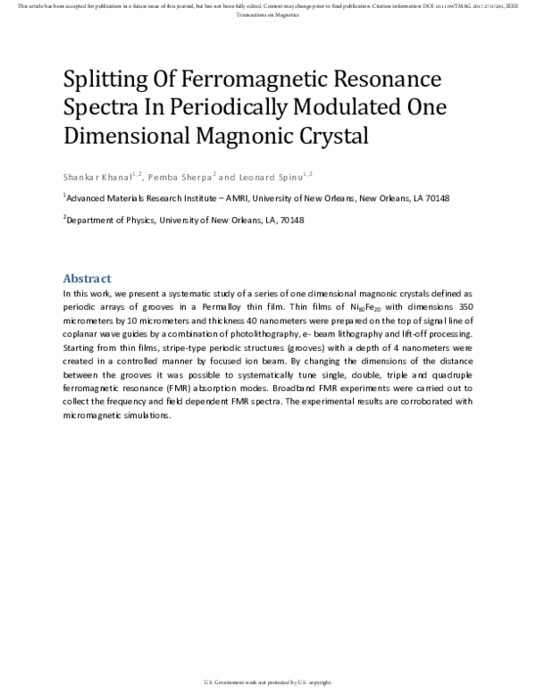 Splitting Of Ferromagnetic Resonance Spectra In Periodically Modulated One Dimensional Magnonic Crystal