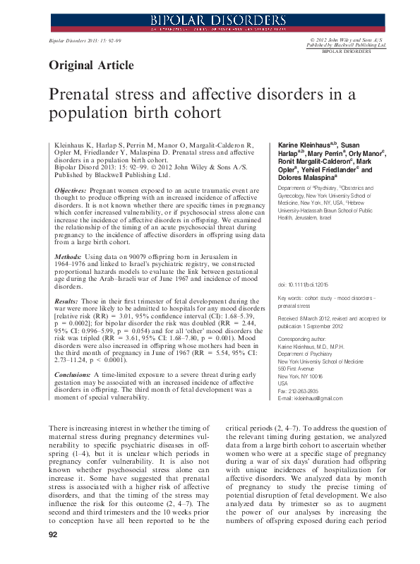 (PDF) Prenatal stress and affective disorders in a population birth cohort