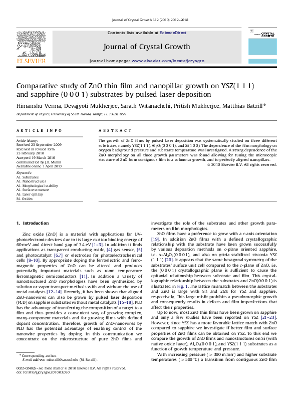 (PDF) Comparative study of ZnO thin film and nanopillar growth on YSZ ...