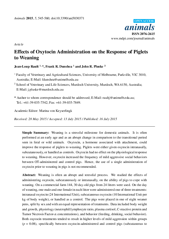 (PDF) Effects of Oxytocin Administration on the Response of Piglets to Weaning JeanLoup Rault