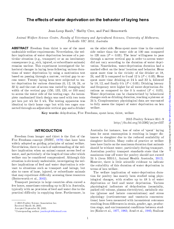 (PDF) The effects of water deprivation on the behavior of laying hens JeanLoup Rault