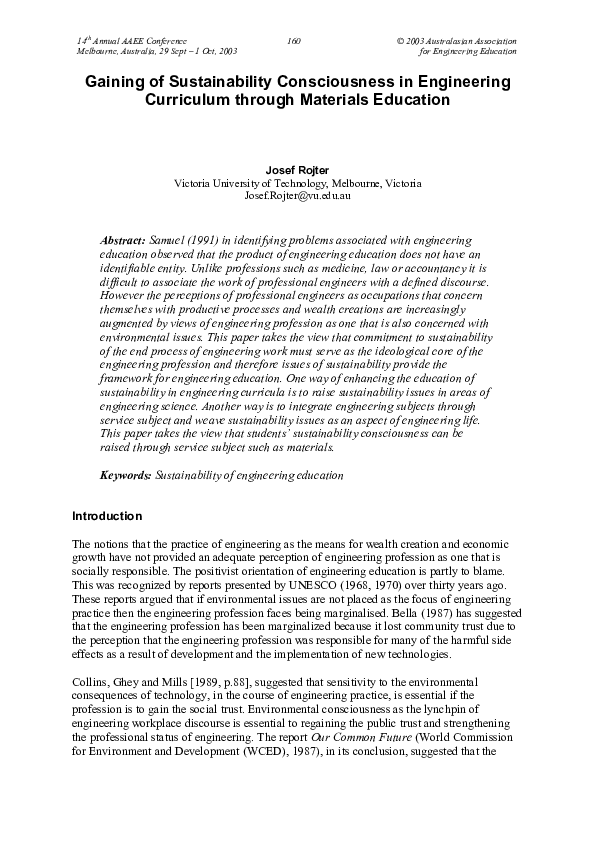 (PDF) Gaining of Sustainability Consciousness in Engineering Curriculum ...