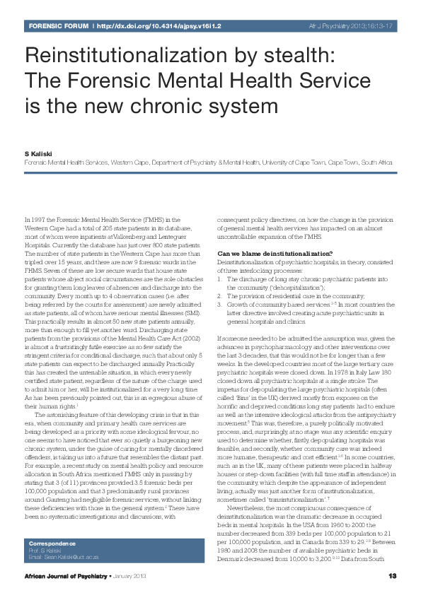 (PDF) Reinstitutionalization by stealth: The Forensic Mental Health ...