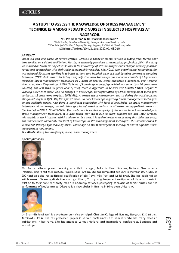 (PDF) A Study to Assess the Knowledge of Stress Management Techniques ...