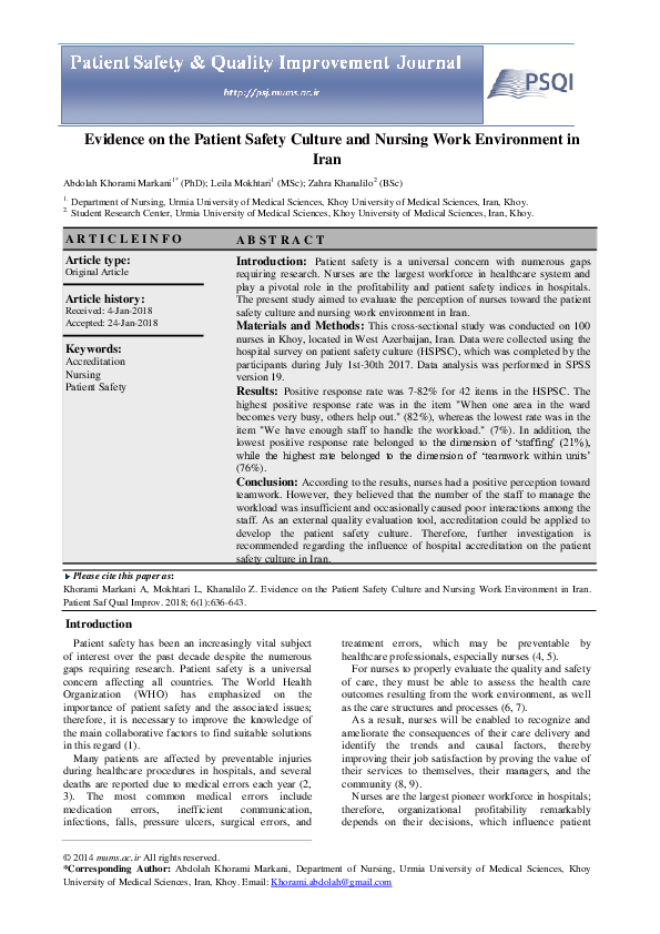 (PDF) Evidence on the Patient Safety Culture and Nursing Work ...