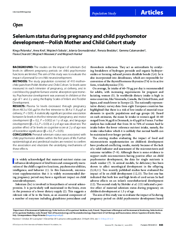 (PDF) Selenium status during pregnancy and child psychomotor