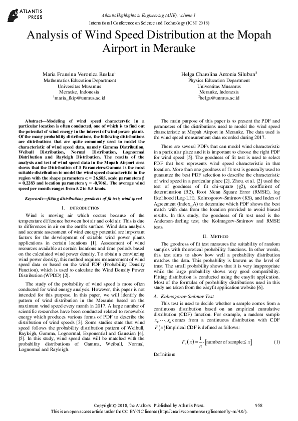 (PDF) Analysis of Wind Speed Distribution at the Mopah Airport in Merauke