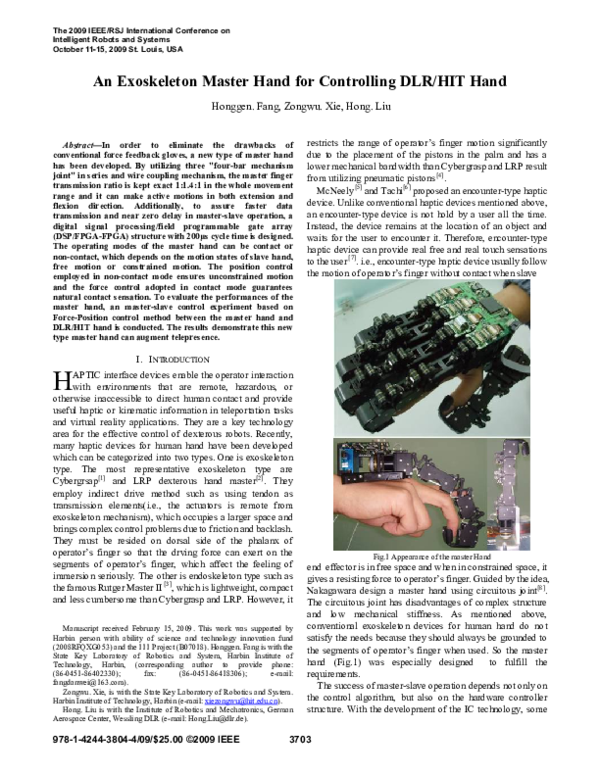 (PDF) An exoskeleton master hand for controlling DLR/HIT hand