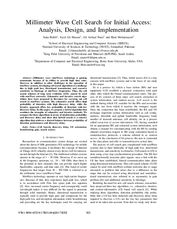 (PDF) Millimeter wave cell search for initial access: Analysis, design ...