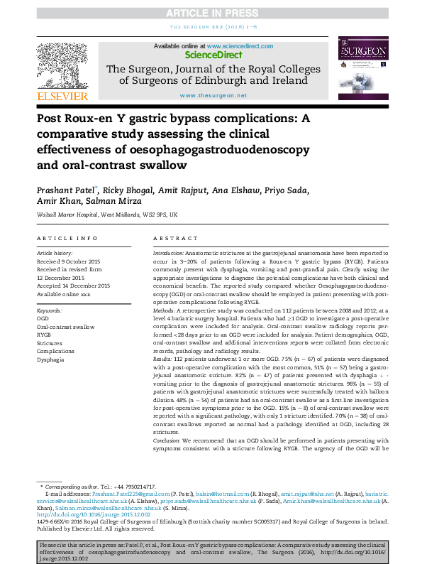 (PDF) Post Roux-en-Y gastric bypass complications: A comparative study ...