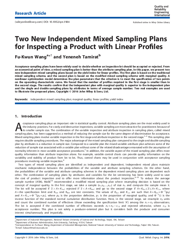 (PDF) Two New Independent Mixed Sampling Plans for Inspecting a Product ...