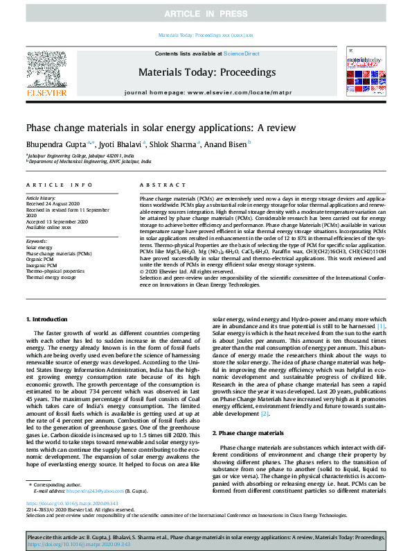 (PDF) Phase change materials in solar energy applications: A review