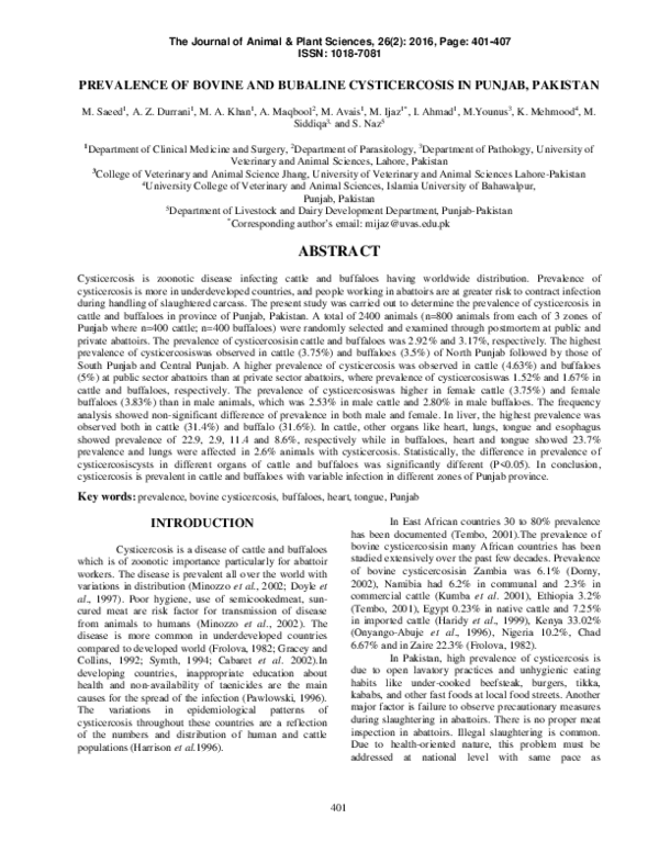 (PDF) Prevalence of Bovine and Bubaline Cysticercosis in Punjab, Pakistan
