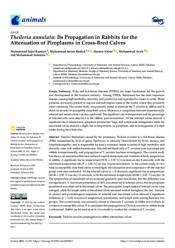 (PDF) Theileria annulata: Its Propagation in Rabbits for the ...