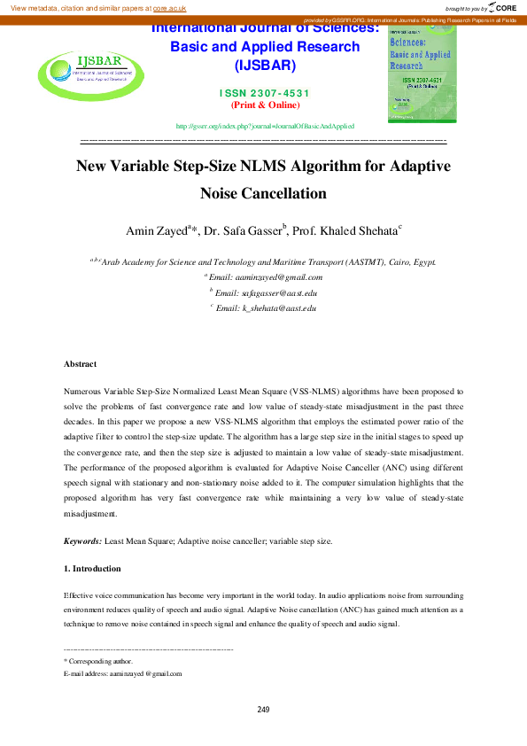 (PDF) New Variable Step-Size NLMS Algorithm for Adaptive Noise Cancellation