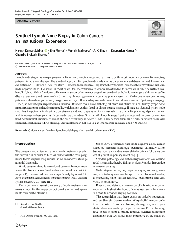 (PDF) Sentinel Lymph Node Biopsy in Colon Cancer: an Institutional ...