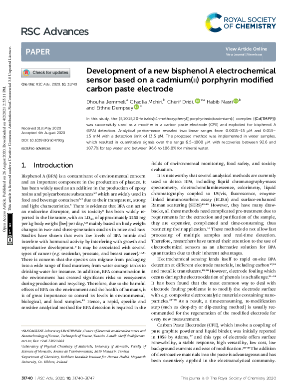 (PDF) Development of a new bisphenol A electrochemical sensor based on ...