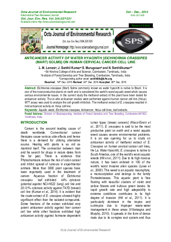 (PDF) Anticancer Activity of Water Hyacinth [ Eichhornia Crassipes ...